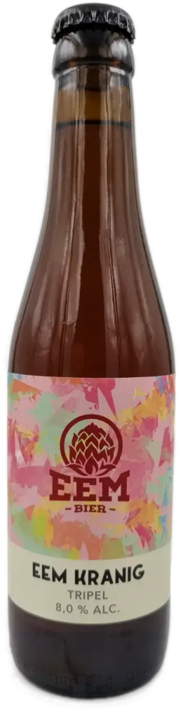 Bruine fles Eem Bier Eem Kranig tripel met kleurrijk etiket en zwarte kroonkurk.