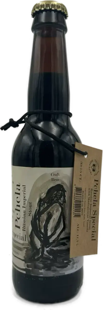 Donkere 33cl bierfles The Sisters Pchela Double Mash met crèmekleurig etiket en hanglabel.