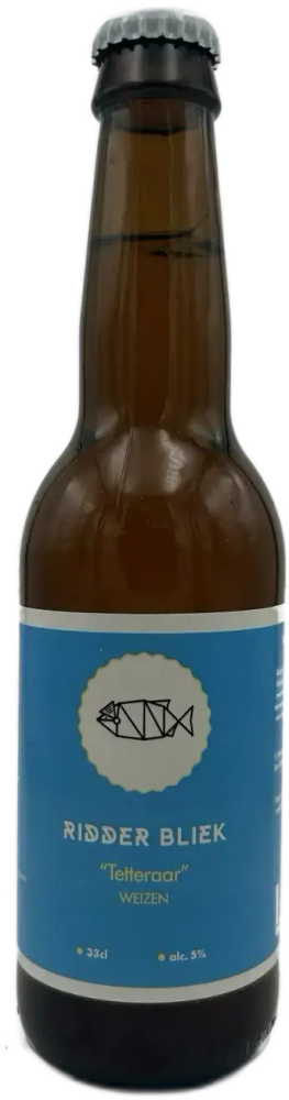 Bruine 33cl bierfles Ridder Bliek Tetteraar met blauw etiket en zilveren kroonkurk.