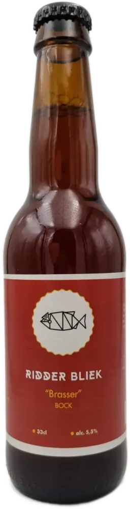 Bruine 33cl fles Ridder Bliek Brasser Bock met rood etiket en vislogo.