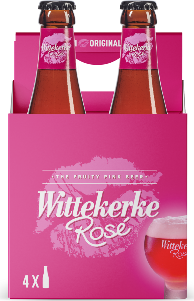 Roze Wittekerke Rosé 4-pack met twee zichtbare bierflessen en wit logo op de verpakking.