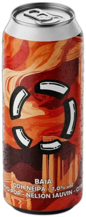 Blik met oranjerode verpakking en levensring-illustratie, zicht op bovenkant en zijkant van 50cl-blik.