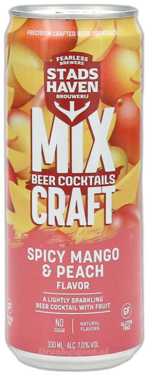 33cl blik Stadshaven Mix Craft Spicy Mango & Peach vooraanzicht met oranje-roze fruitontwerp