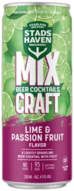 Hellgroen en paars blikje StadsHaven Mix Lime & Passion Fruit met limoenschijfjes op de achtergrond