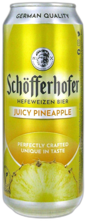 Groot 50cl geel Schöfferhofer Hefeweizen blik met 'Juicy Pineapple'-label en ananasillustratie