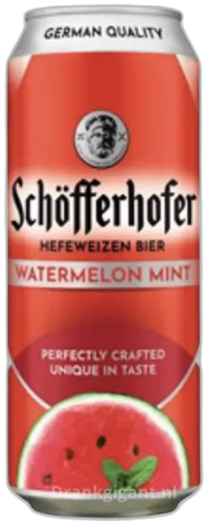 Dichtbij gefotografeerd rood blik Schöfferhofer Watermelon Mint met watermeloenillustratie