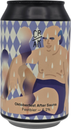Blikje met illustratie van twee zweterige figuren voor ruitpatroon en tekst 'Oktoberfest After Sauna'.