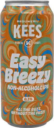 Smalle blik met kleurrijk, speels swirl-ontwerp en tekst 'Kees Easy Breezy non-alcoholic IPA'.