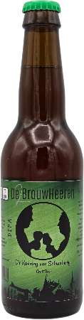 Bruine 33cl bierfles met groen etiket en groene kroonkurk, voorstelling van silhouetten op het etiket