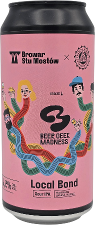 Roze bierblik van Browar Stu Mostów met kleurrijke illustraties en tekst 'Local Bond'.