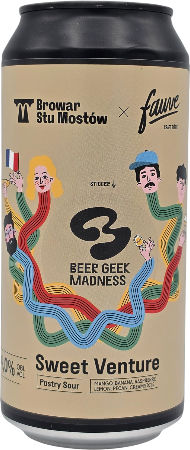 Close-up van een beige bierblik met kleurrijk label en tekst 'Sweet Venture' van Browar Stu Mostów