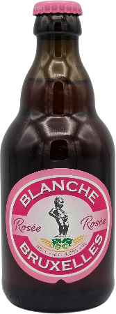 Bruine 33cl fles Blanche de Bruxelles Rosée met roze etiket en kroonkurk