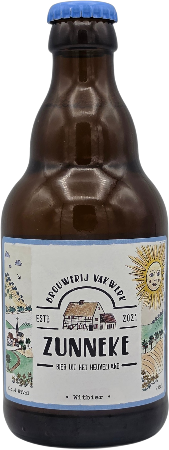 Bruine 33cl fles Vakwerk Zunneke met blauw etiket en zonlogo