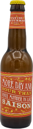 Bruine 33cl fles met geel kroonkurk en rood-gele label van Flying Dutchman More Dry and Sour