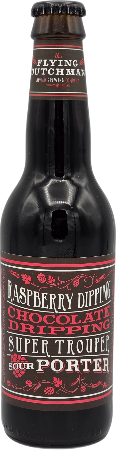 Donkere 33cl bierfles met label 'Flying Dutchman Super Trouper Sour Porter' en decoratieve rode tekst
