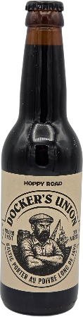 Donkere 33cl fles Hoppy Road Docker's Union porter met beige etiket en voorstelling van zeeman