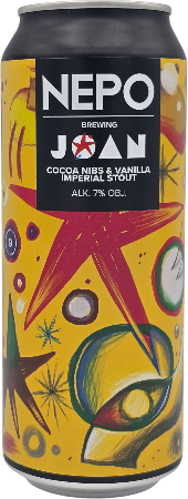 Blik van Nepo Brewing Joan 50cl met kleurrijk, abstract etiket en opvallende stervormige illustratie