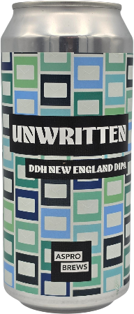 Blik met geometrisch patroon en tekst 'Unwritten' van Aspro Brews