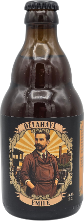 Bruine 33cl bierfles met zwart etiket en illustratie van een man in werkkleding
