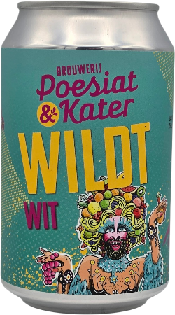 Blikje Poesiat & Kater Wildt Wit 33cl met kleurrijke illustratie en turquoise achtergrond