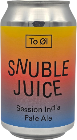 Blikje To Øl Snuble Juice 33cl met gele-oranje-blauwe kleurverloop en zwarte tekst