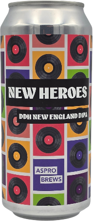 Blik New Heroes DDH New England DIPA van Aspro Brews met kleurrijk vinylplaat-patroon