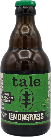Bruine glazen fles met groene etiket en dop, merk 'tale' en smaak 'lemongrass'