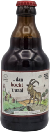 Bruine 33cl fles met rood kroonkurk en label '...dan bockt 't waal' met tekening van een bok op rots