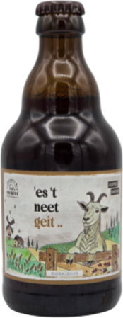 Donkere 33cl bierfles met label 'es 't neet geit' en geitillustratie