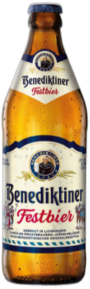 Fles Benediktiner Festbier 50cl met condensdruppels op witte achtergrond