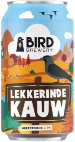 Blikje Bird Brewery Lekkerinde Kauw 33cl met herfstig landschap en kauw-illustratie