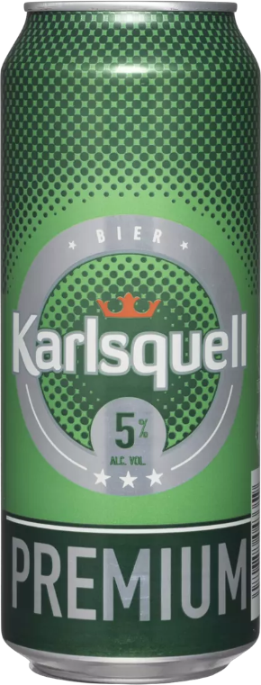 Groen Karlsquell Premium lagerblik van 50 cl met merklogo en alcoholpercentage