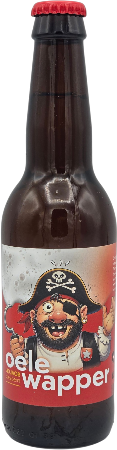 Bruine 33cl fles Klinker Oelewapper met rode kroonkurk en etiket met piratenillustratie