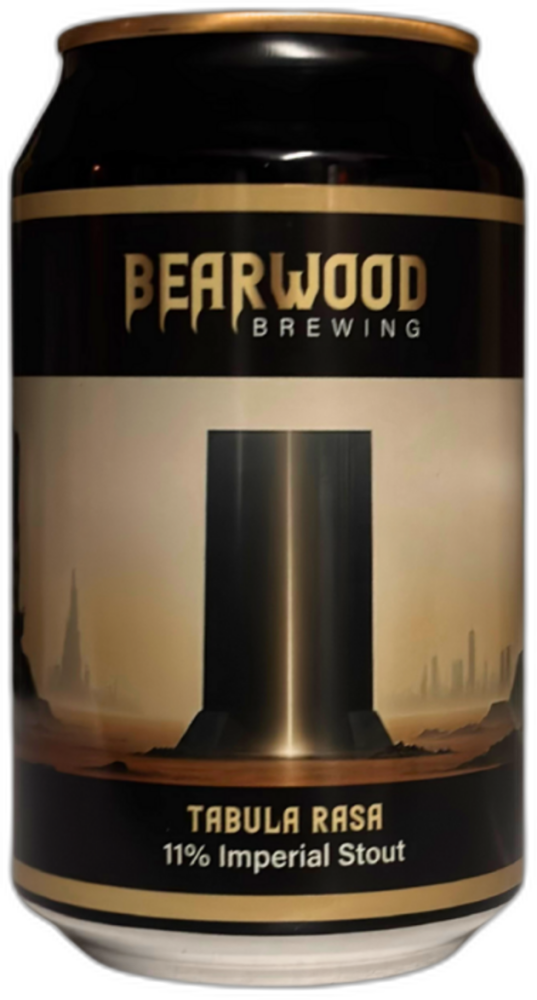 Zwart-gouden 33cl blik van Bearwood Brewing met 'Tabula Rasa' en monoliet-illustratie