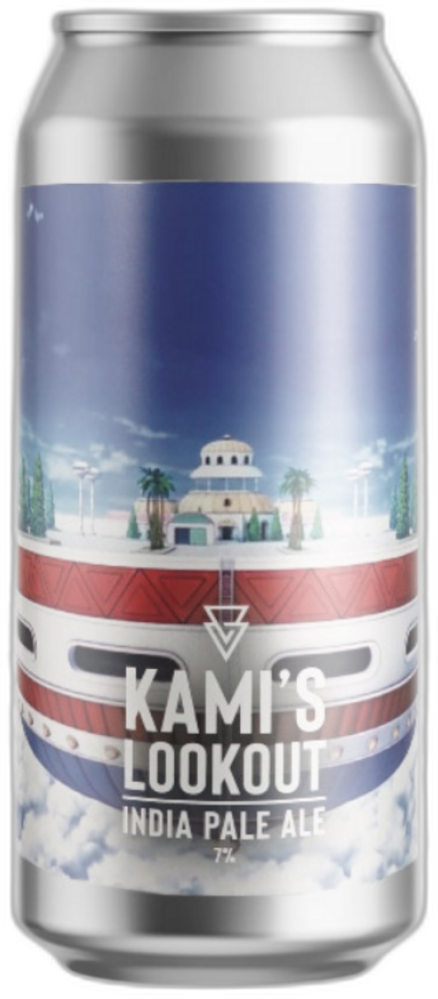 Blik met label van Azvex Kami's Lookout IPA, gebouw en wolkenlandschap