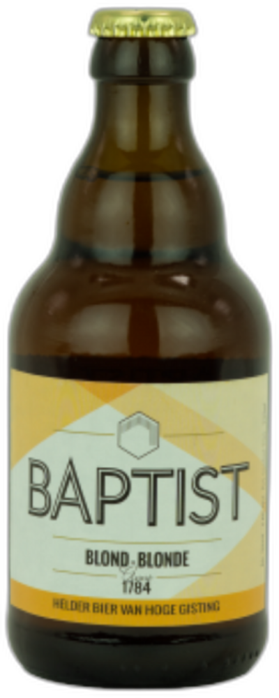 Bruine 33cl bierfles met gele kroonkurk en wit-gele etiket 'Baptist Blond'.
