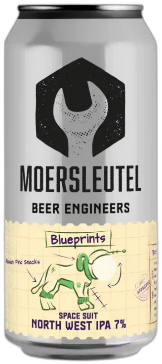 Blik van Moersleutel Blueprints: zilverkleurig bierblik met groot moersleutel-logo en schets van een ruimtepak hond