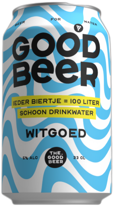 Close-up van een blauw-wit gestreept 'The Good Beer' witgoed blikje met tekst en logo