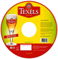 Gele en rode cirkelvormige label voor Texels Springtij 20 liter fust met glas en logo