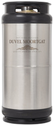 Rond 20-liter RVS fust met zwarte kunststof randen en Duvel Moortgat logo
