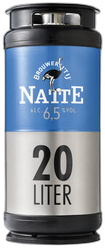 Zwart-blauw 20-liter fust met 'Natte' etiket en biermerklogo