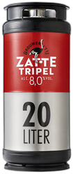 Zwart-rood 20-liter fust van IJ Zatte Tripel met duidelijk etiket en handvatten