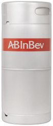 Wit metalen bierfust met rood AB InBev-logo, staand op witte achtergrond