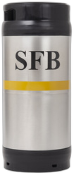 Zilverkleurig 20L bierfust met zwarte boven- en onderrand en groot SFB-logo op witte band