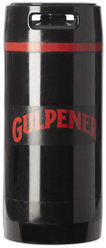 Zwart 20-liter fust van Gulpener WinterVrund met rood logo en slanke vorm