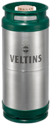 Zilver metalen bierfust met groene randen en merkopdruk Veltins