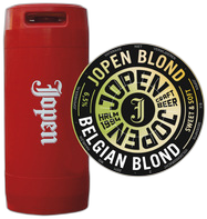 Rood 20-liter fust naast ronde Jopen Blond logo met zwarte en gouden accenten