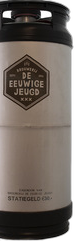 Zijaanzicht van een 20 liter fust met label 'Eeuwige Jeugd' in donkere en crèmetinten