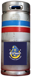 Rvs bierfust van 20 liter met blauwe en rode strepen en een donkerblauwe sticker met 'Paranoia' en geel logo