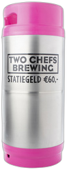 Roestvrijstalen 20L fust met roze boven- en onderkant en Two Chefs Brewing etiket